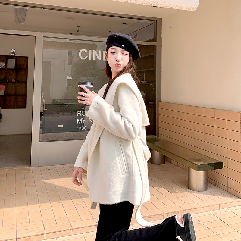 실제 샷 아이보리 작은 네이비 칼라 캐시미어 코트 여성의 가을과 겨울 2024 새로운 하이 엔드 센스 양면 트위드 코트