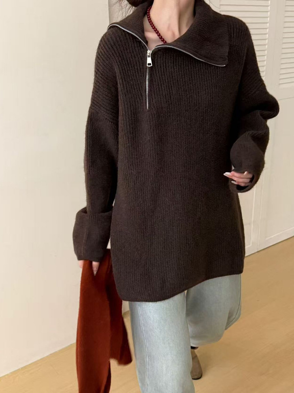欧货重工设计感女装斜肩拉链高领毛衣女中长款慵懒加厚套头针织衫|undefined
