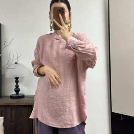 新中式亚麻衬衫女2026秋季款复古盘扣斜襟长袖中长款禅意茶服衬衣