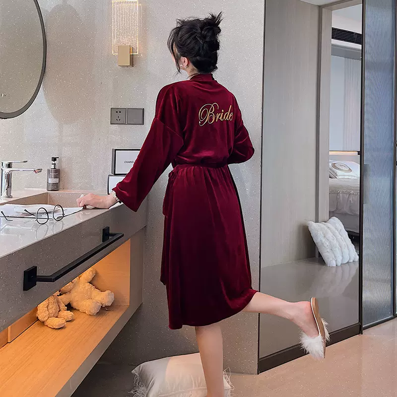 bride新娘晨袍女士睡袍结婚礼化妆伴娘团长款秋冬金丝绒开衫浴袍