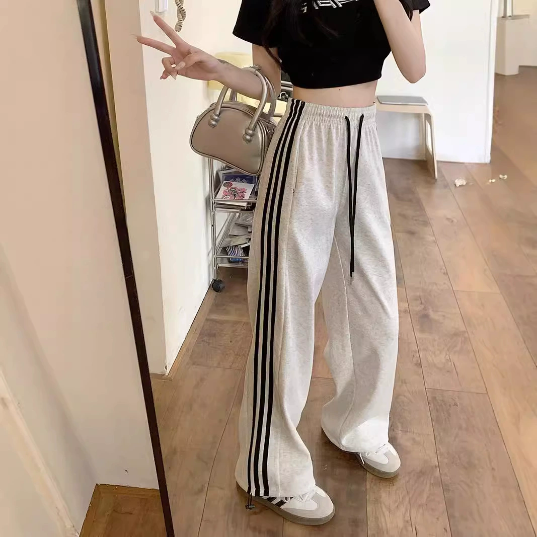 Трансграничные белые серые полосатые брюки женские новые широкие прямые брюки повседневные тонкие дикие свободные спортивные штаны