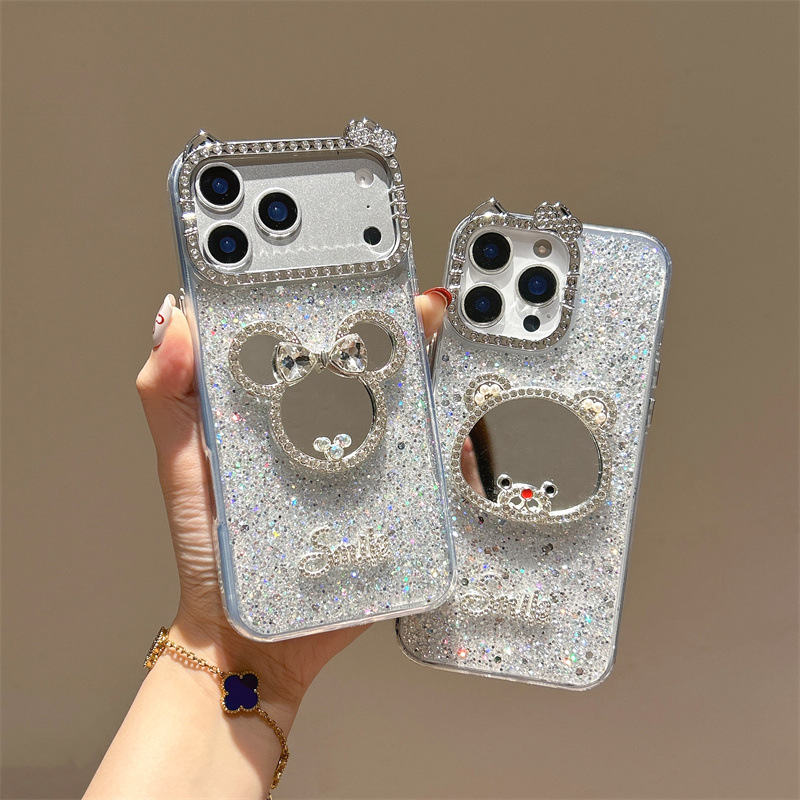适用iphone17闪粉手机壳苹果16pro闪钻小熊补妆镜挂链15pro保护壳