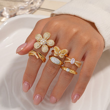 18K真金电镀欧美轻奢锆石蝴蝶开口戒指跨境个性高级花瓣食指戒女