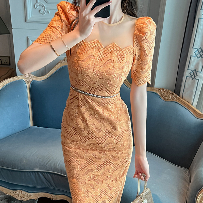 2026 New Summer Style Elegant Round Neck Mesh Splicing Slim Fit Diamond-Embellished Lace Dress 10415