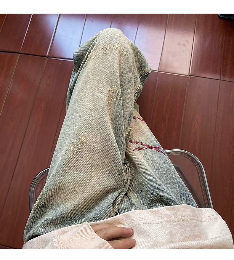 Men's Vintage Washed Denim Straight Leg Jeans Hip-Hop Style Cargo Pockets Streetwear Pants_mkmklike.com