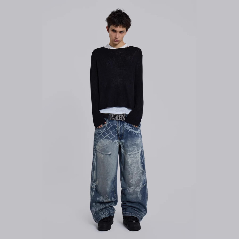 Winter Printed Clothing Patterns High Street Angel Color-Blocking Trendy Retro Gothic New Style Washed Jeans Fashion Winter Printed Clothing Patterns High Street Angel Color-Blocking Trendy Retro Gothic New Style Washed Jeans Fashion