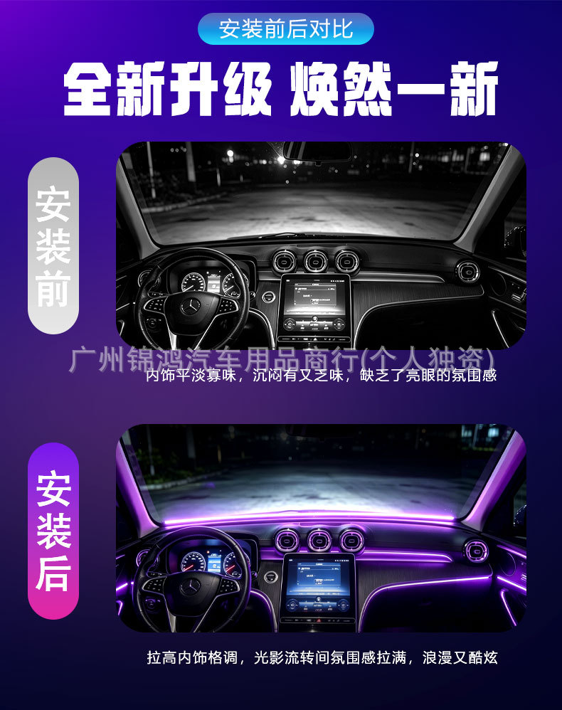 Car USB ambient light, central control panel, dashboard, through-body fantasy light strip, front windshield, direct sales from manufacturer, APP control