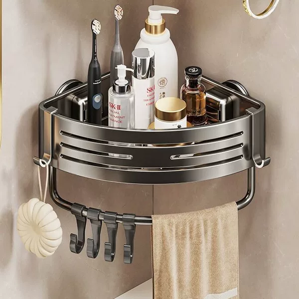 Suction Cup Corner Basket Storage Rack for Bathroom, No-Drill Wall-Mounted Corner Washbasin Wall Storage Rack