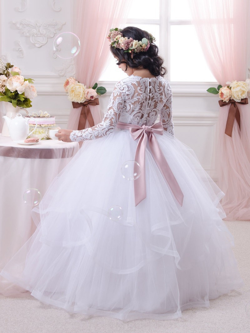 Vestido de novia para niños transfronterizos europeos y americanos de encaje de doble capa de manga larga de rendimiento de cumpleaños vestido esponjoso entrega de una sola pieza