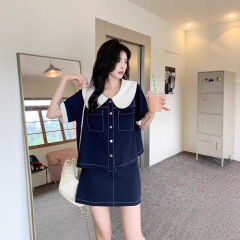 大きいサイズのレースの半袖の上着の半身のスカートのスーツの女性の夏の太っているmmはやせて肉の2つのセットを覆います。
