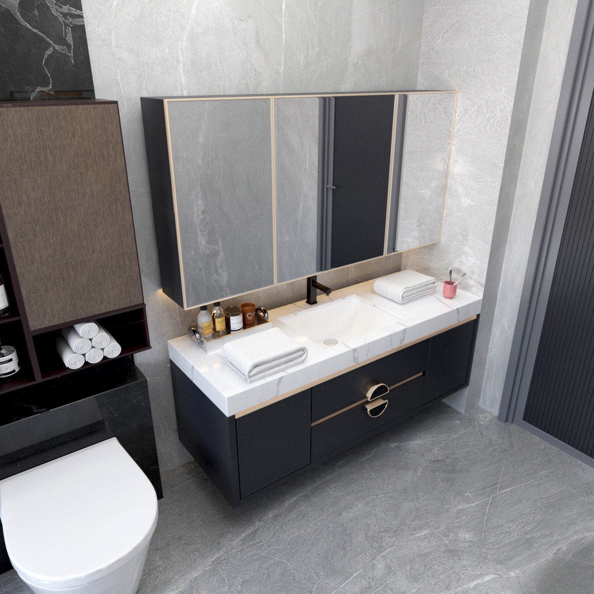 Rock placa espacio aluminio baño gabinete combinación baño simple luz lujo lavabo pequeño lavabo