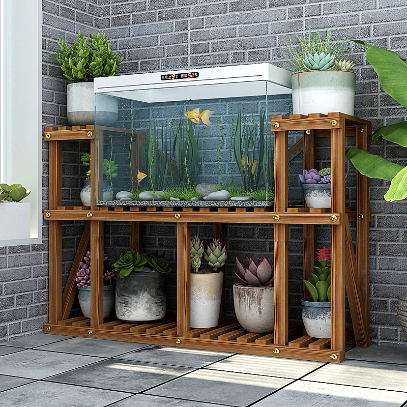 9W鱼缸架松木花架子客厅阳台置物落地式室内多肉绿萝多层实木花盆