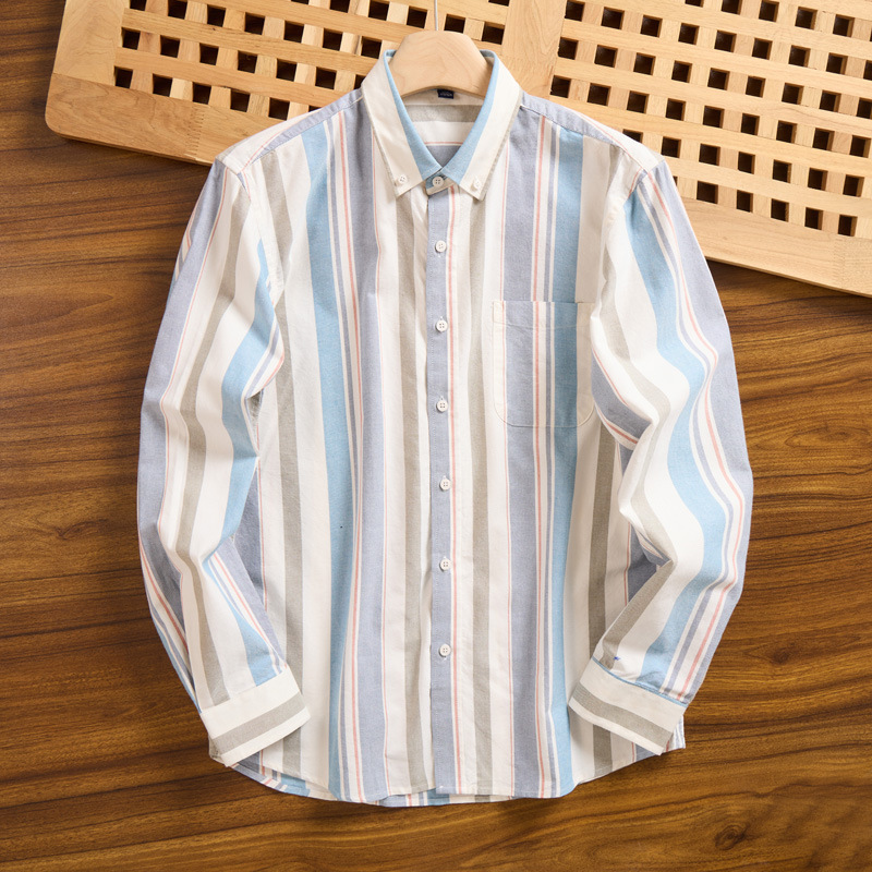 Spring New Long-Sleeved Shirt for Men, Cotton Oxford Striped Plaid Casual Business Casual Trendy Shirt