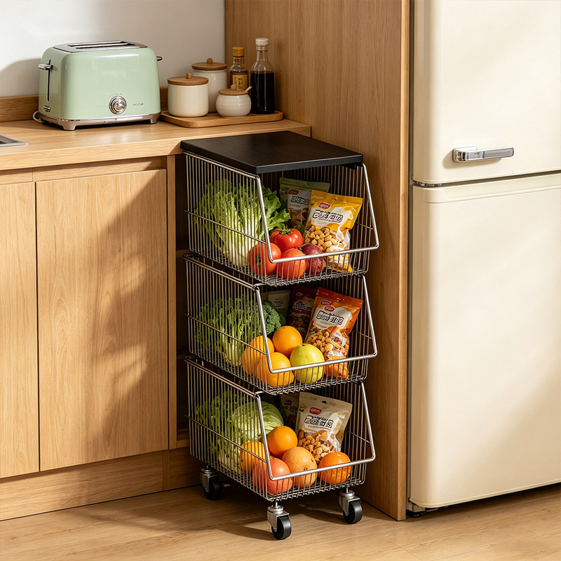 Countertop storage rack, kitchen vegetable cart, stainless steel, mobile, for home use, living room, snack and fruit storage basket Countertop storage rack, kitchen vegetable cart, stainless steel, mobile, for home use, living room, snack and fruit storage basket