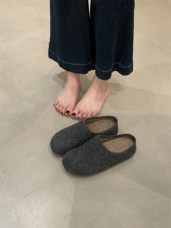 厚底呢子面勃肯鞋一脚蹬半托单鞋女鞋子2025秋冬包头半拖鞋博肯鞋|undefined