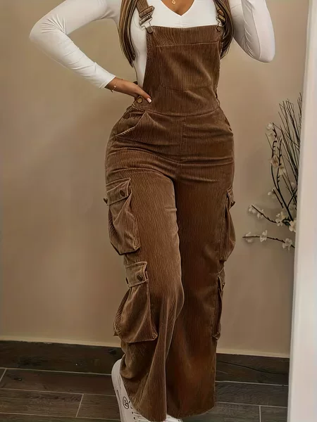 In-Stock European and American Cross-Border Foreign Trade Women's Casual Multi-Pocket Corduroy Work Pants Overalls Jumpsuit Straight-Leg Pants
