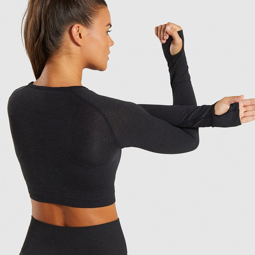 Order American and European fitness clothes, quick-drying, foreign trade yoga, stomach-dropping dots, long-sleeved top, seamless knitting, women's long-sleeved cross