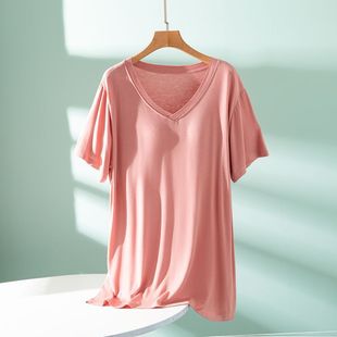 Women's Short-Sleeved Summer Loose Large Size Slim Top with Chest Pad, Mid-Length Outer Wear Modal V Neck Bottoming Shirt
