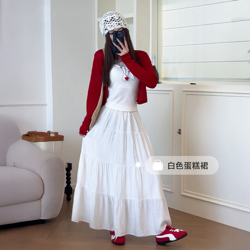 Peach Blossom Pleated Long Skirt for Women 2026 New Summer High-Waisted Slimming Simple Versatile Gentle Style White Cake Skirt