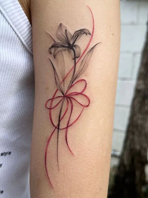 Red line bow Lily high-looking color tattoo stickers ins waterproof sweet cool arm realistic painted stickers