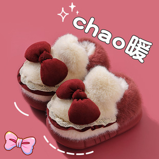 Winter Girls' Bag-heel Cotton Shoes Warm fleece-lined Bow Maomao Small and Medium-sized Children's Home Loose Children's Cotton Slippers