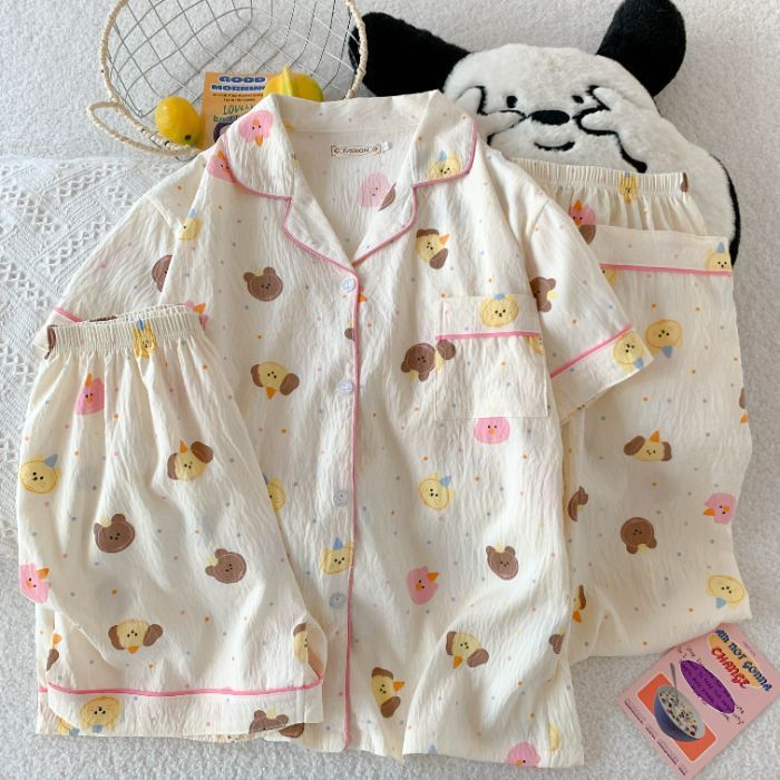 Verano nuevo estilo pijama mujer nube algodón 120g solapa cárdigan pantalones cortos de manga corta pantalones de tres piezas lindo servicio a domicilio