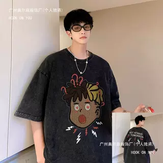 外贸外贸美式短袖男高街ins设计感小众水洗纯棉复古t恤男女新牌