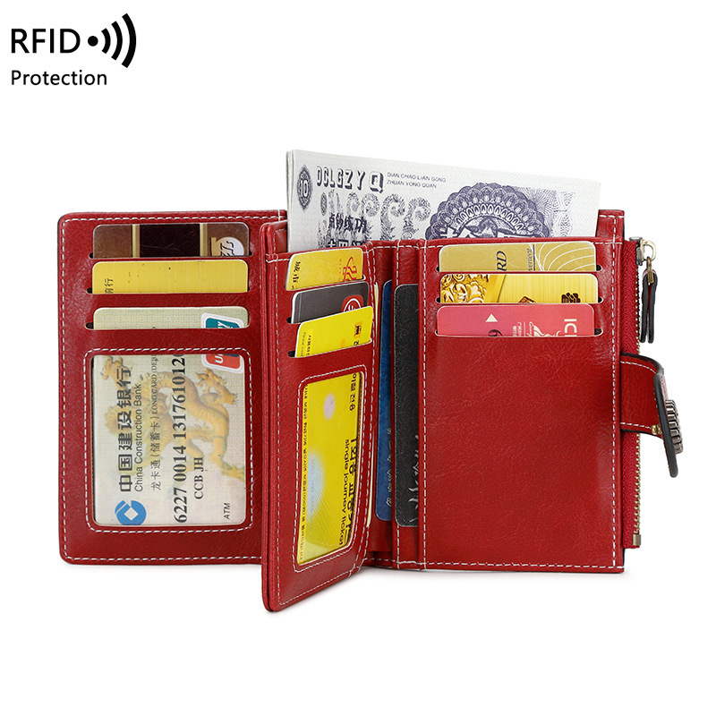 Cross-border New RFID Anti-theft Brush Women's Wallet Multi Card Buckle Wallet European and American Fashion Short Zipper Wallet
