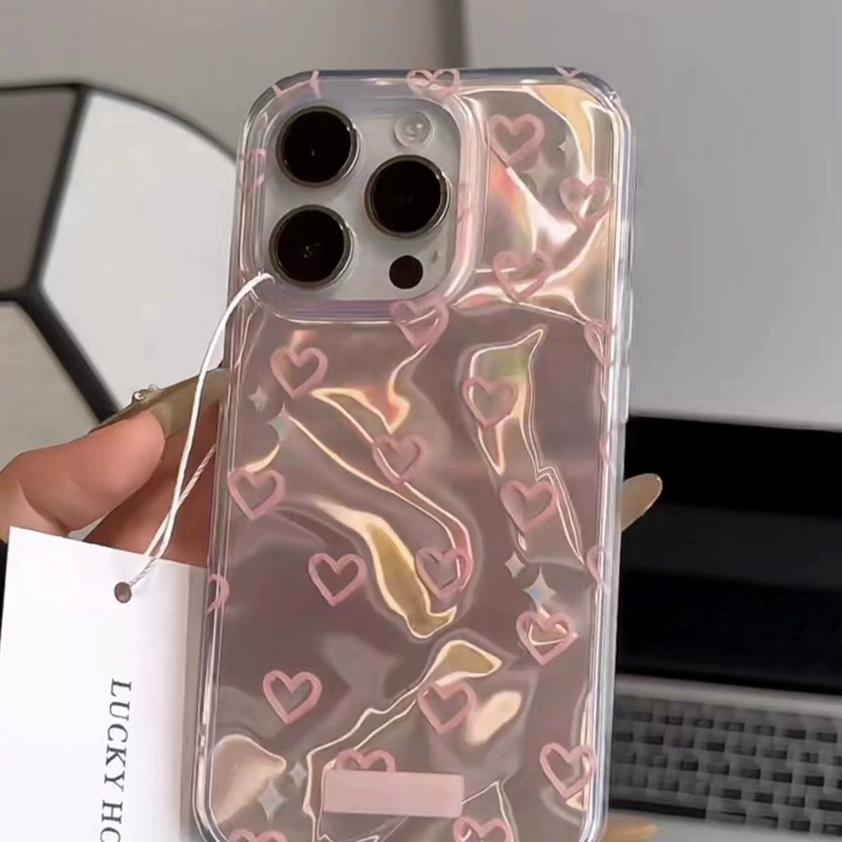 Чехол для телефона (Apple) iPhone 15 Pro Max совместимый, двойной водяной рябь сердечки, прозрачный