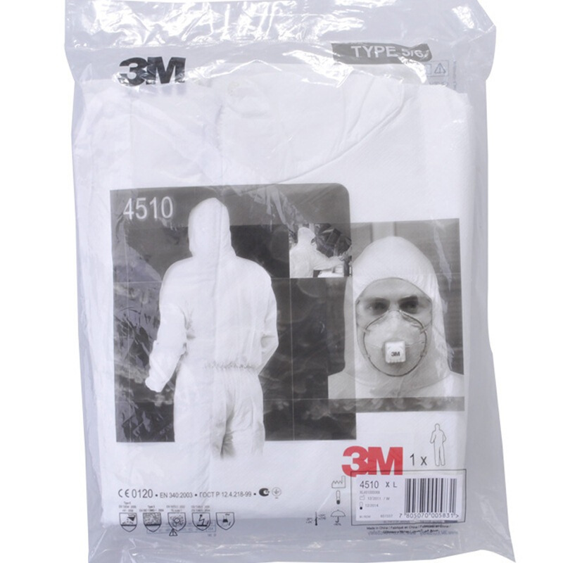 3M4510白色带帽连体防护服防颗粒物防液体喷溅防化学喷漆油性