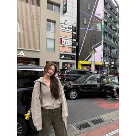 韩系慵懒感拉链针织开衫女秋冬宽松翻领毛衣外套休闲穿搭短款上衣