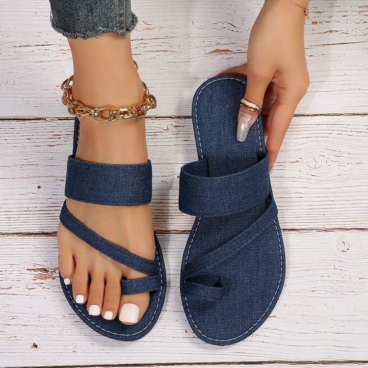 Foreign Trade Large Size Flat Low-Heeled Thong Sandals for Women 2023 Summer New Denim Beach Shoes Roman Sandals