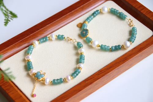 Natural A-Jadeite Blue Water Disk Bead Bracelet, Silver-Gold Plated Jadeite Butterfly and Small Flower Pearl Bracelet