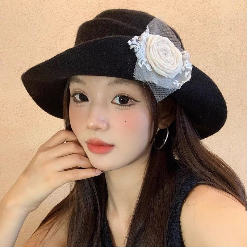 赫本风蕾丝花朵优雅礼帽女薄款显脸小千金帽子法式复古优雅贝雷帽|undefined