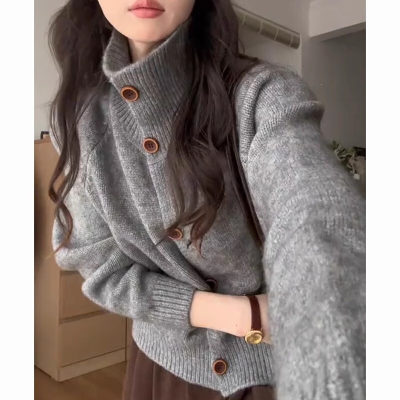 X Autumn/Winter New Korean Style Vintage Brown Button High Collar Knit Cardigan in Dark Gray and Orange X Autumn/Winter New Korean Style Vintage Brown Button High Collar Knit Cardigan in Dark Gray and Orange