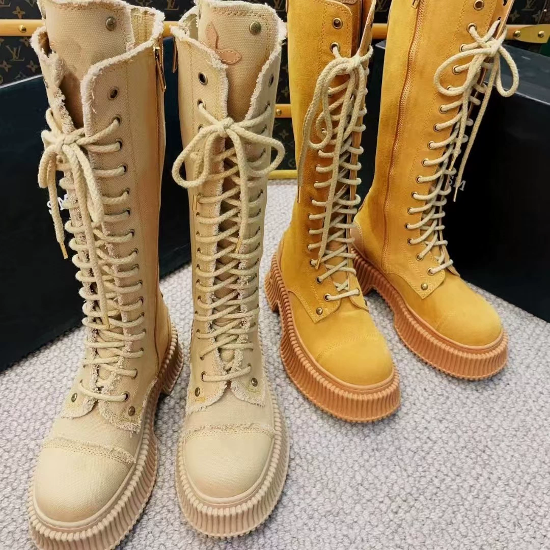 Коровья кожа версия ~ Кросс кисточками сапоги с толстым каблуком сапоги рыцаря с высокой трубкой пустоши ветер пустыни сапоги женщины