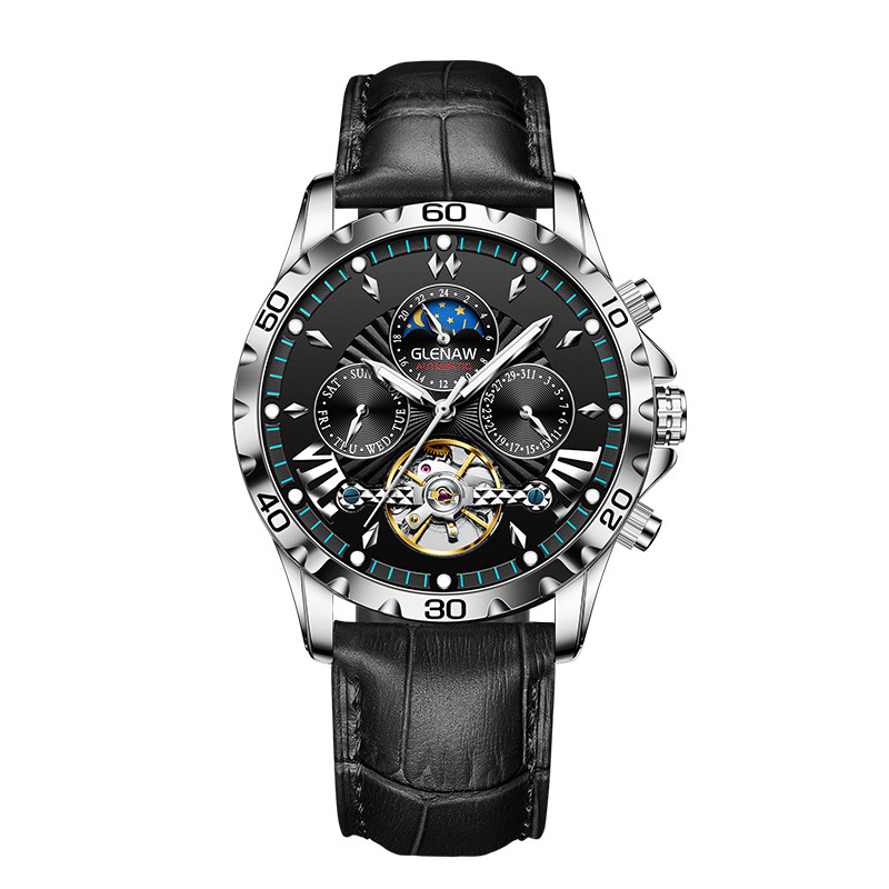 Đồng hồ nam automatic skeleton lộ máy Glenn – dây da/dây thép, chống nước, dạ quang