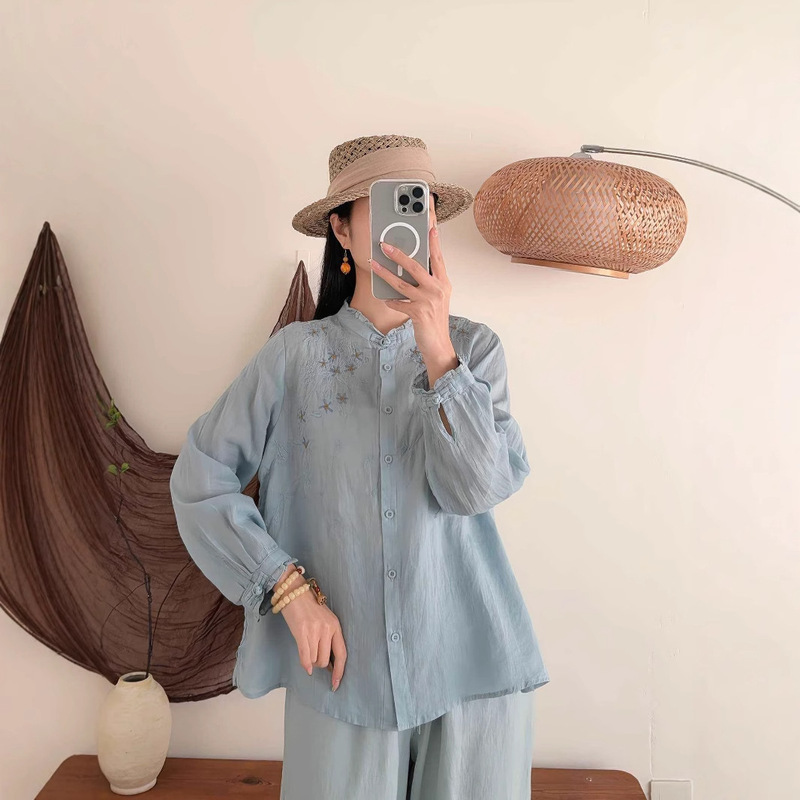 Spring 2025 New Artistic Lacquer Heavy Embroidered Shirt Single Breasted Elegant Solid Color Top