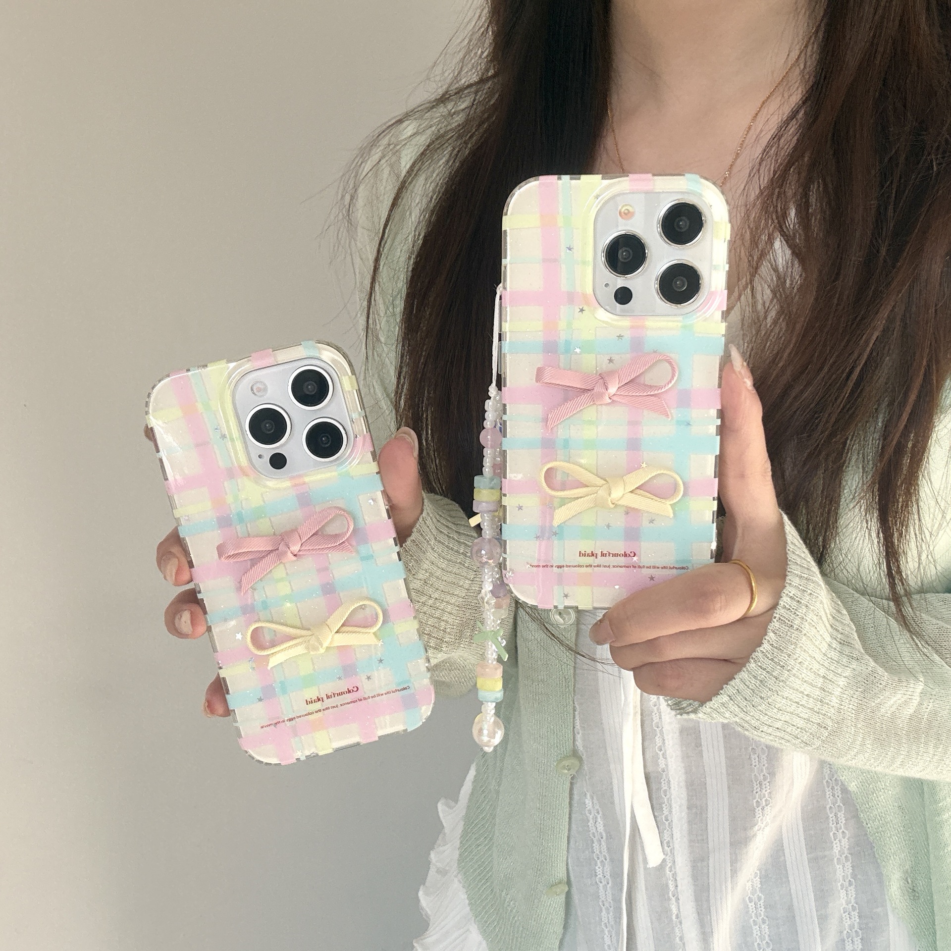 Pequeño arco tridimensional a cuadros fresco para Apple 15ProMax funda para teléfono móvil cadena 16Pro 14/13 nuevo 16