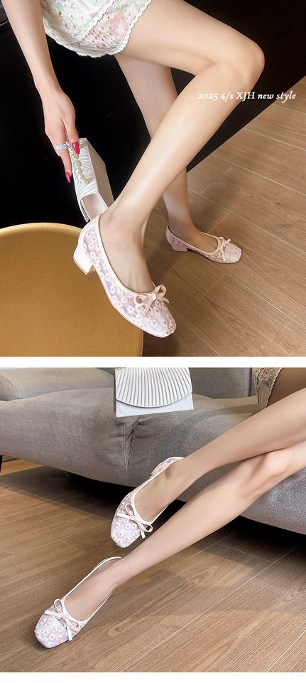 Giày búp bê nữ mũi vuông lưới thêu hoa, gót vừa 3–6 cm, thoáng khí — Màu trắng nhạt, màu hồng nhạt chi tiết 16