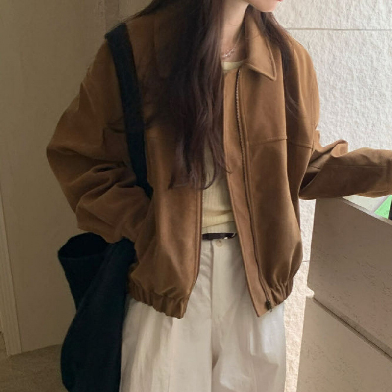 法式复古皮绒短外套女春秋款小众设计感宽松百搭别致上衣潮|undefined