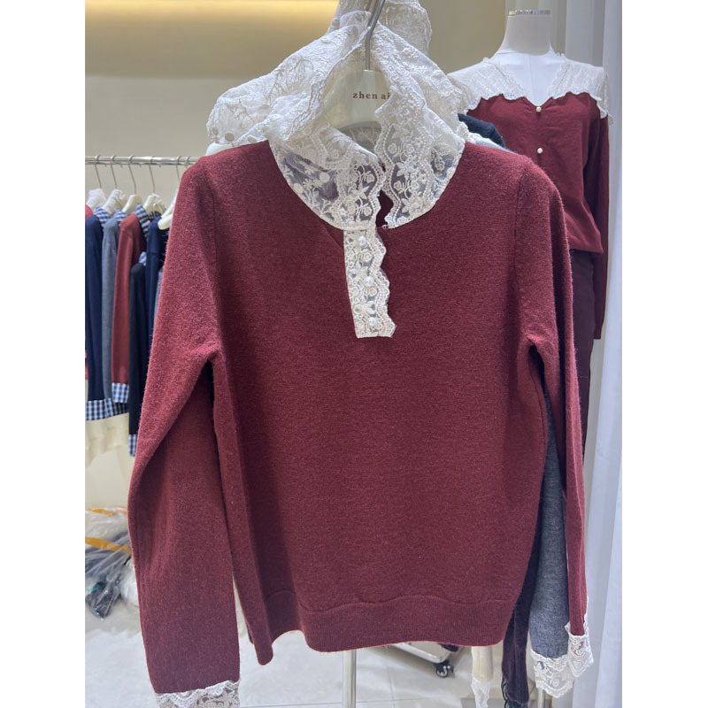 Korean Style Simple Lace Cap Spliced ​​Long-Sleeved Knitwear 2025 Autumn and Winter New Korean Style Fashionable Versatile Pullover Knitwear