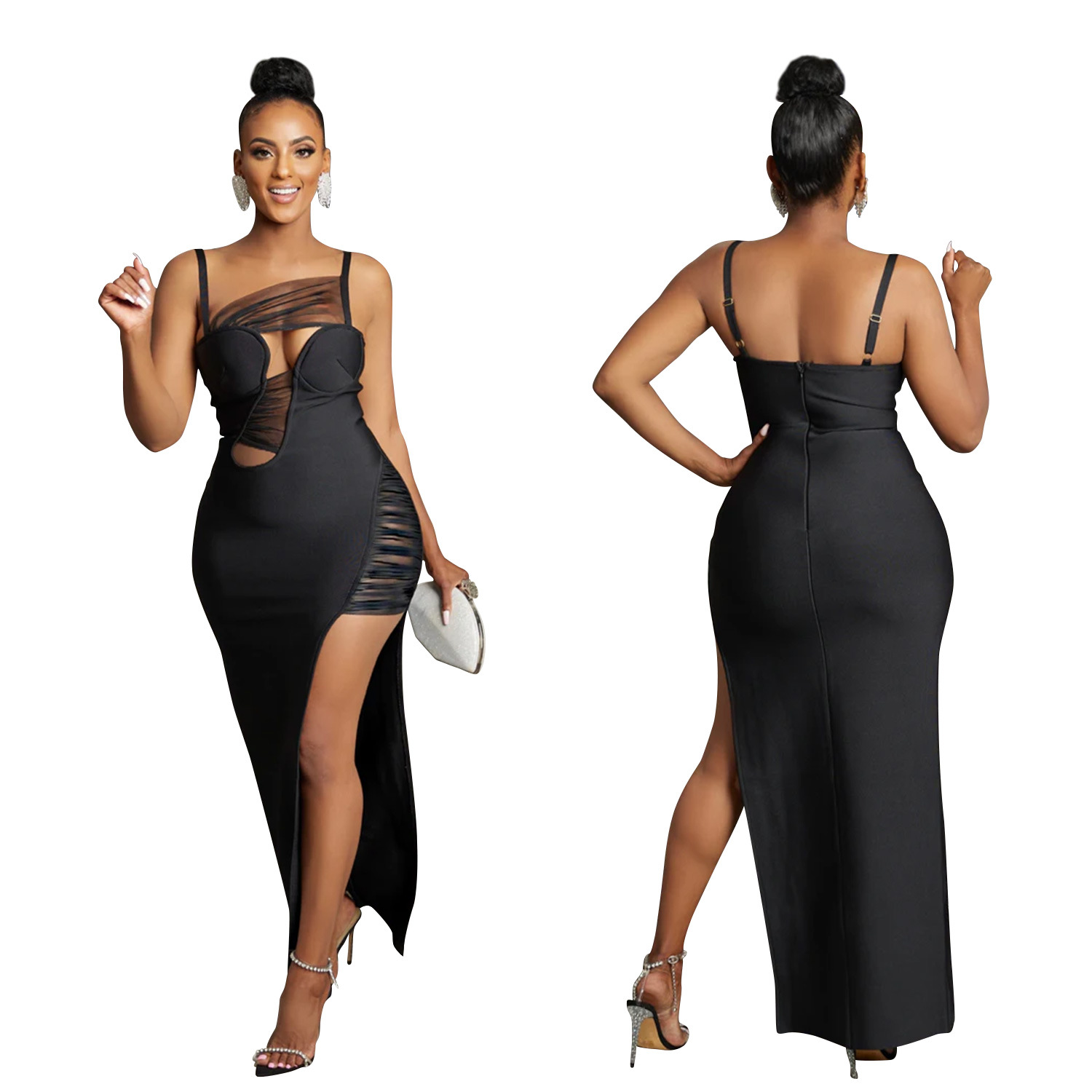 C6653 transfronteriza AliExpress Amazon moda europea y americana de las mujeres de color sólido de malla vestido de vendaje hueco vestido
