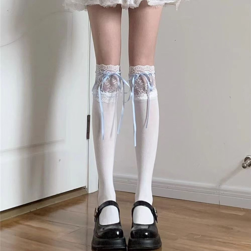 バレエ風少女春夏リボン蝶結び中筒靴下レースミルク白甜妹スタッキングソックス|undefined