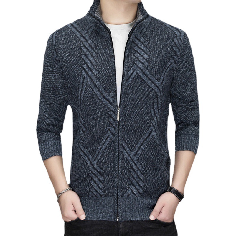 Chaqueta de invierno transfronteriza suéter de los hombres de manga larga collar de pie forrado de lana gruesa de los hombres suéter jacquard chaqueta de los hombres