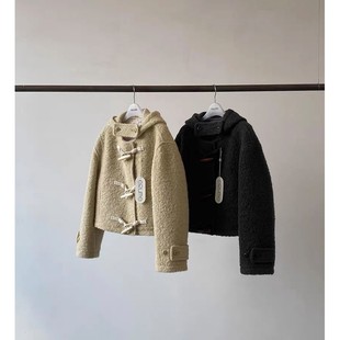 Spot Korea Dongdaemun ERU*ME age-reducing loose and stylish hooded horn button wool short coat jacket