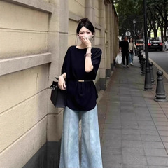 大码胖妹妹感法式气质圆领冰丝针织衫女气质宽松慵懒腰带上衣