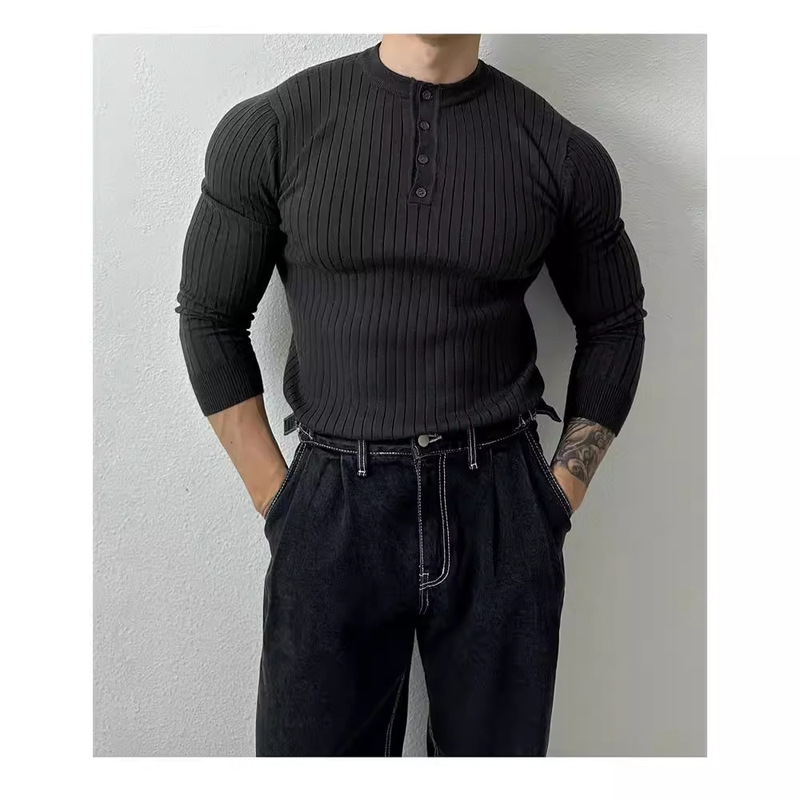 Henry Collar Long-sleeved Sweater Men's Spring New American Style High-grade Muscle Men's Fitness All-match Slim-fit T-shirt