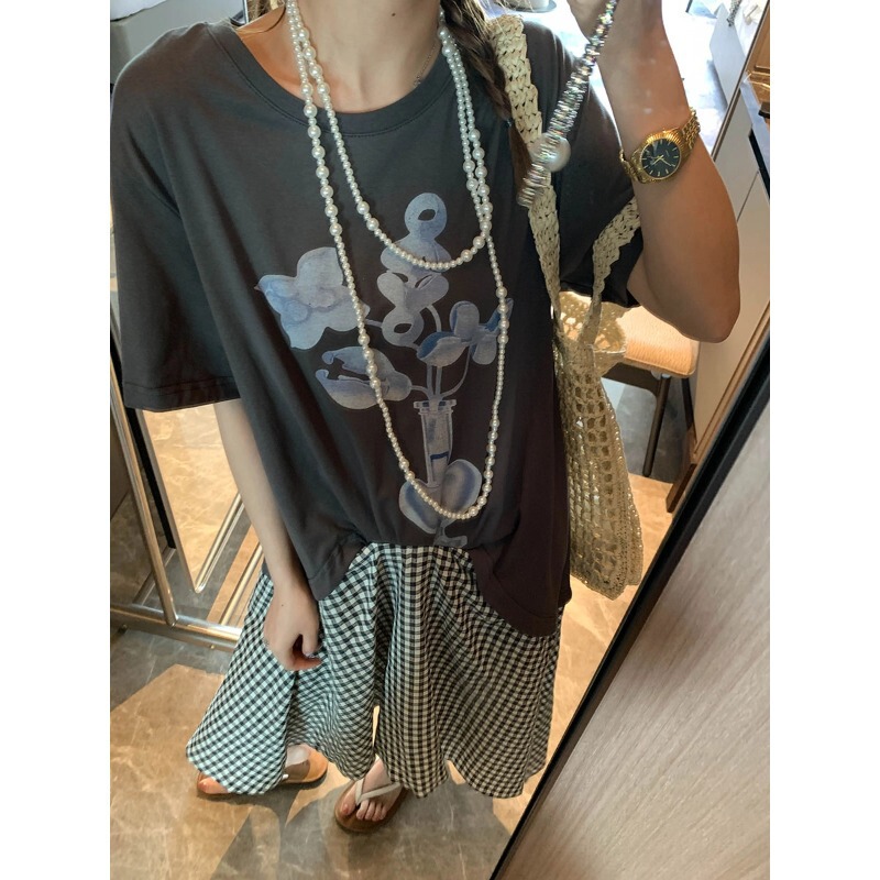 Mochie Evening Breeze Narrative Design Irregular Hem Plaid Patchwork Printed T-Shirt Dress Mq1452 Mochie Evening Breeze Narrative Design Irregular Hem Plaid Patchwork Printed T-Shirt Dress Mq1452