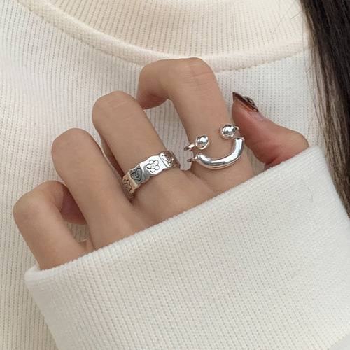 Korean style Korean version smiley face love combination ring for women light luxury retro sweet and cool niche design advanced index finger ring